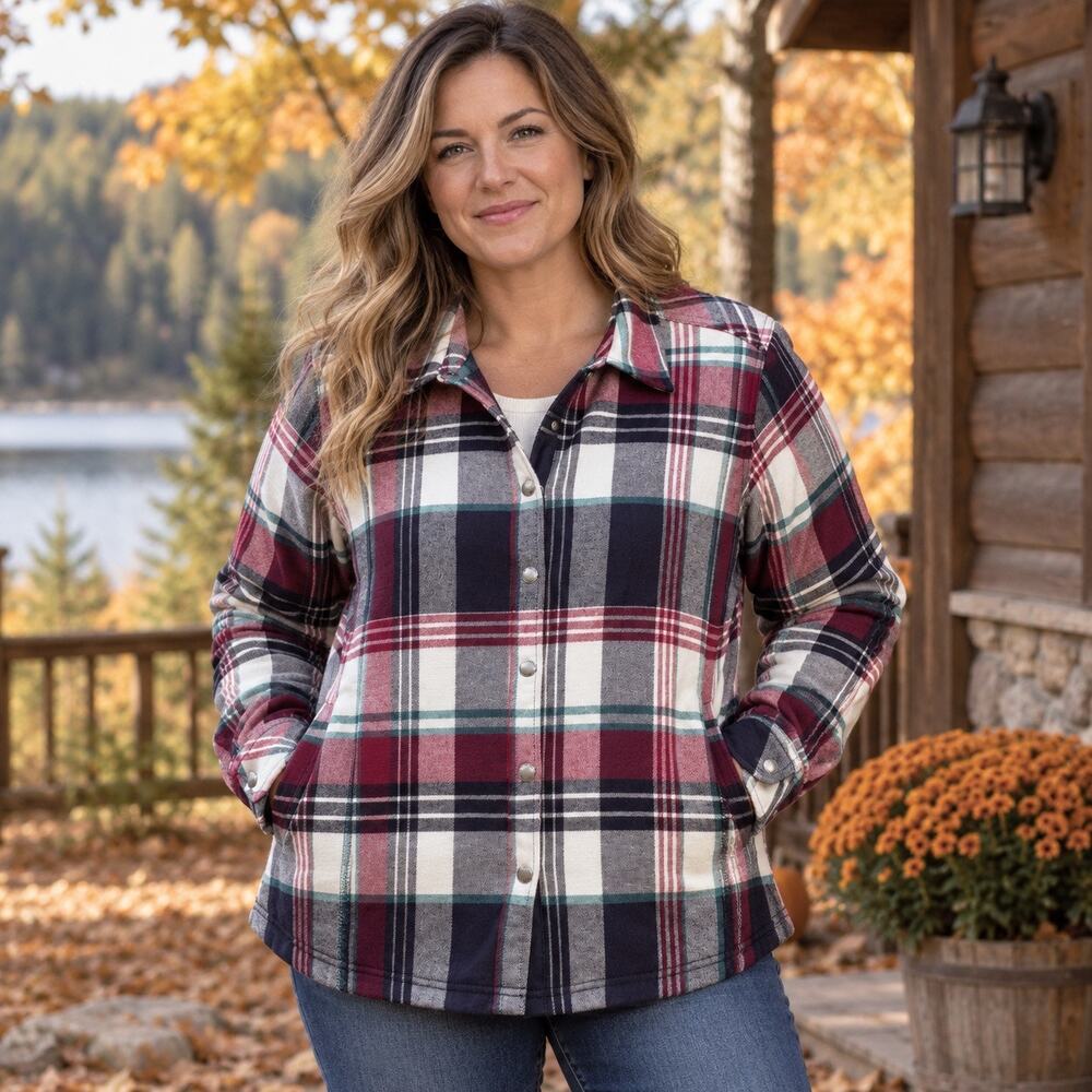 Orvis Fleece Lined Plaid Shirt Jacket Women’s XL Snap Front Flannel Shacket